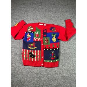Lauren Grey Cardigan Sweater Womens Large Red Wool Christmas Ugly Knit Classic